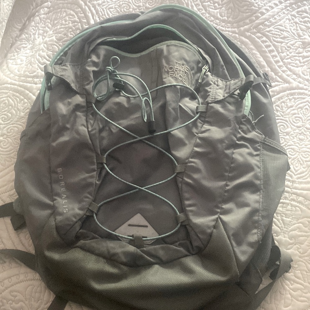 The North Face Borealis Backpack. Grey and mint green. Stand up design.